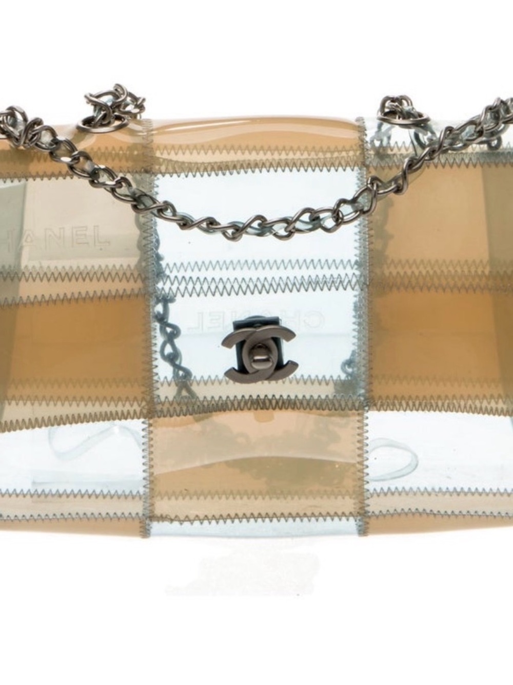 AUTHENTIC CHANEL Clear and Beige PVC Patchwork Chain Shoulder Bag with Silver CC